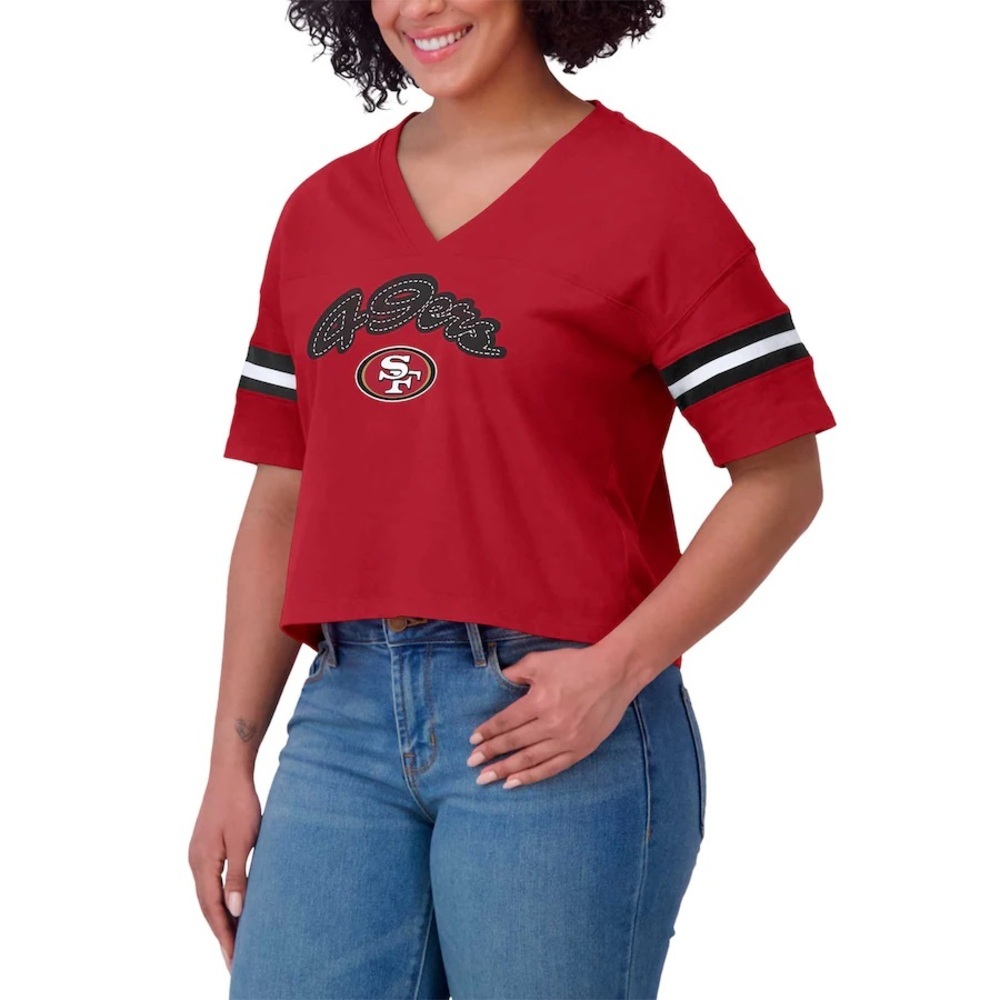 New 49ers WEAR by Erin Andrews Scarlet Plus Size Color Block Boxy V-Neck T-Shirt